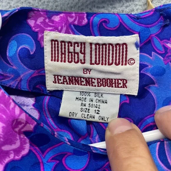 Vintage Maggie London 100% Silk Purple & Blue Floral Sheath Women's Size 12 Zipp